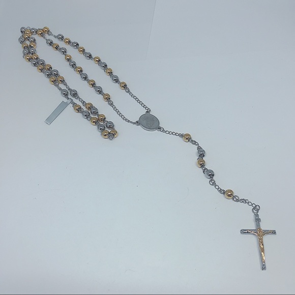 Two Toned Stainless Steel Rosary Necklace - Picture 7 of 8